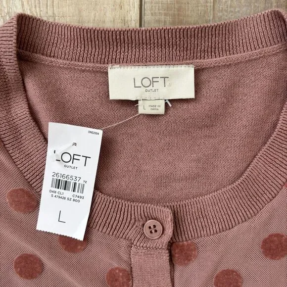 Ann Taylor LOFT Cardigan Sweater Womens Size L Mauve Polka Dot Button Front NWT - Picture 2 of 7